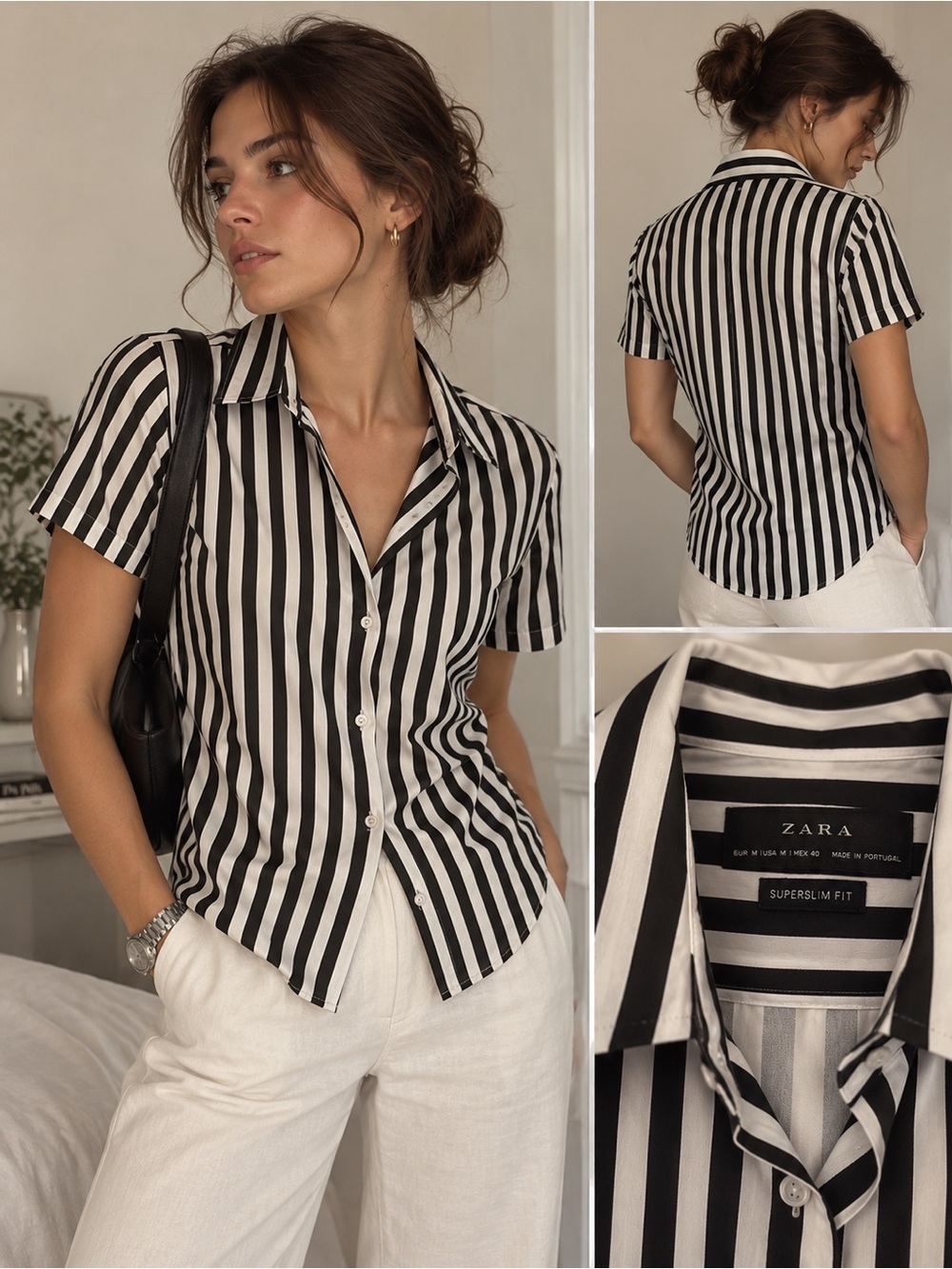ZARA Black & White Vertical Stripe Short Sleeve Button-Down